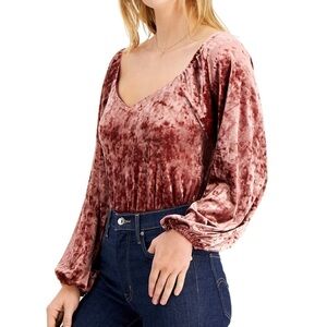Leyden Velvet Puff Sleeve V-Neck Velvet Bodysuit Pink